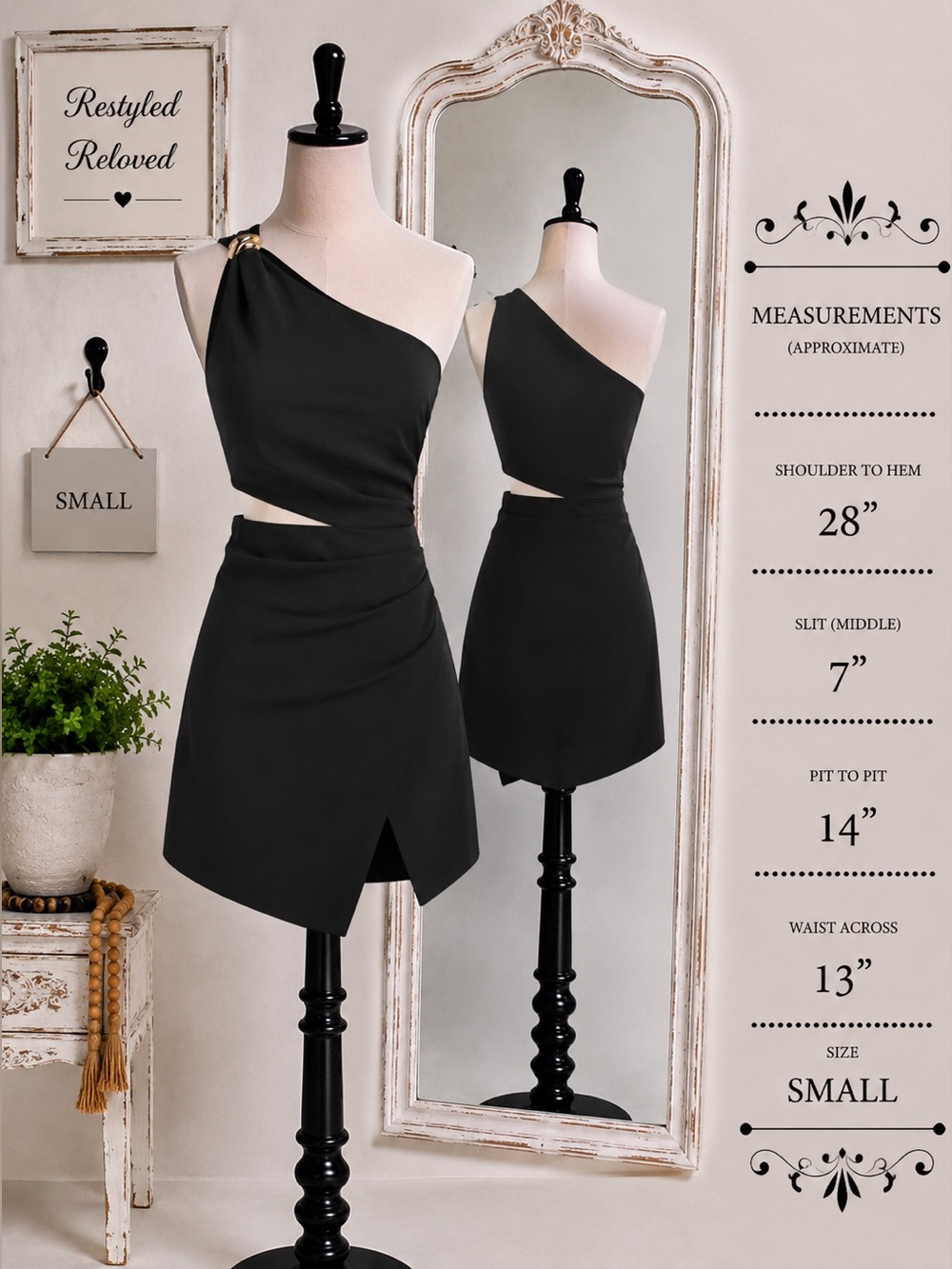 Cider Asymmetrical Neck Metal Detail Cut Out Ruched Mini Dress Blk Sz. Small NWT